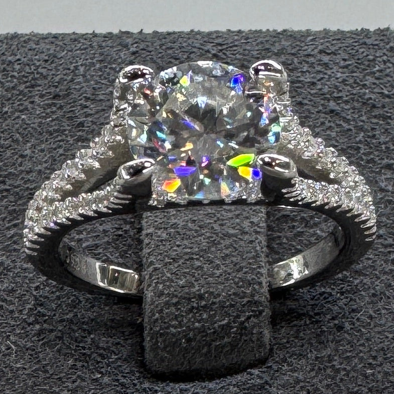 Sterling silver moissanite ring AZ037-J side view showing expert setting and stone brilliance
