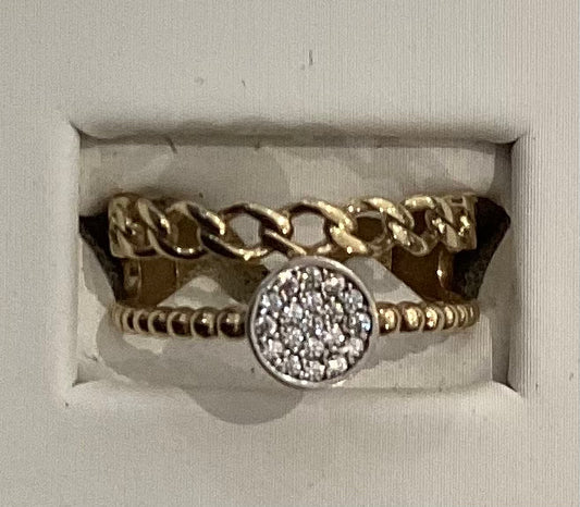 Anillo doble de oro amarillo de 10 quilates - Estilo cubano y circonitas pavé - 2,56 g - Talla única