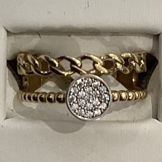 Anillo doble de oro amarillo de 10 quilates - Estilo cubano y circonitas pavé - 2,56 g - Talla única