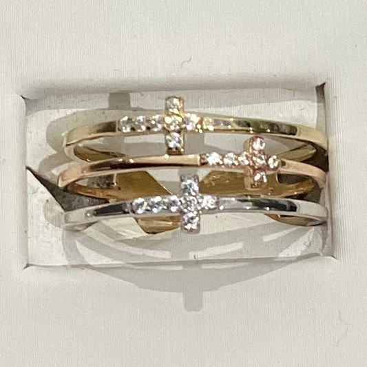 10K Tri-Color Gold Cross Ring with Zirconia - Yellow, Rose & White - 2.62g - Free Sizing