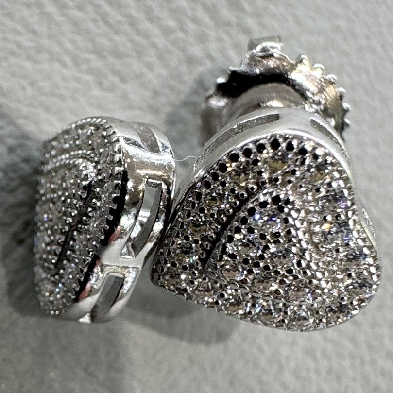 Heart earrings detail showing moissanite stones sterling silver rhodium plated elegant romantic
