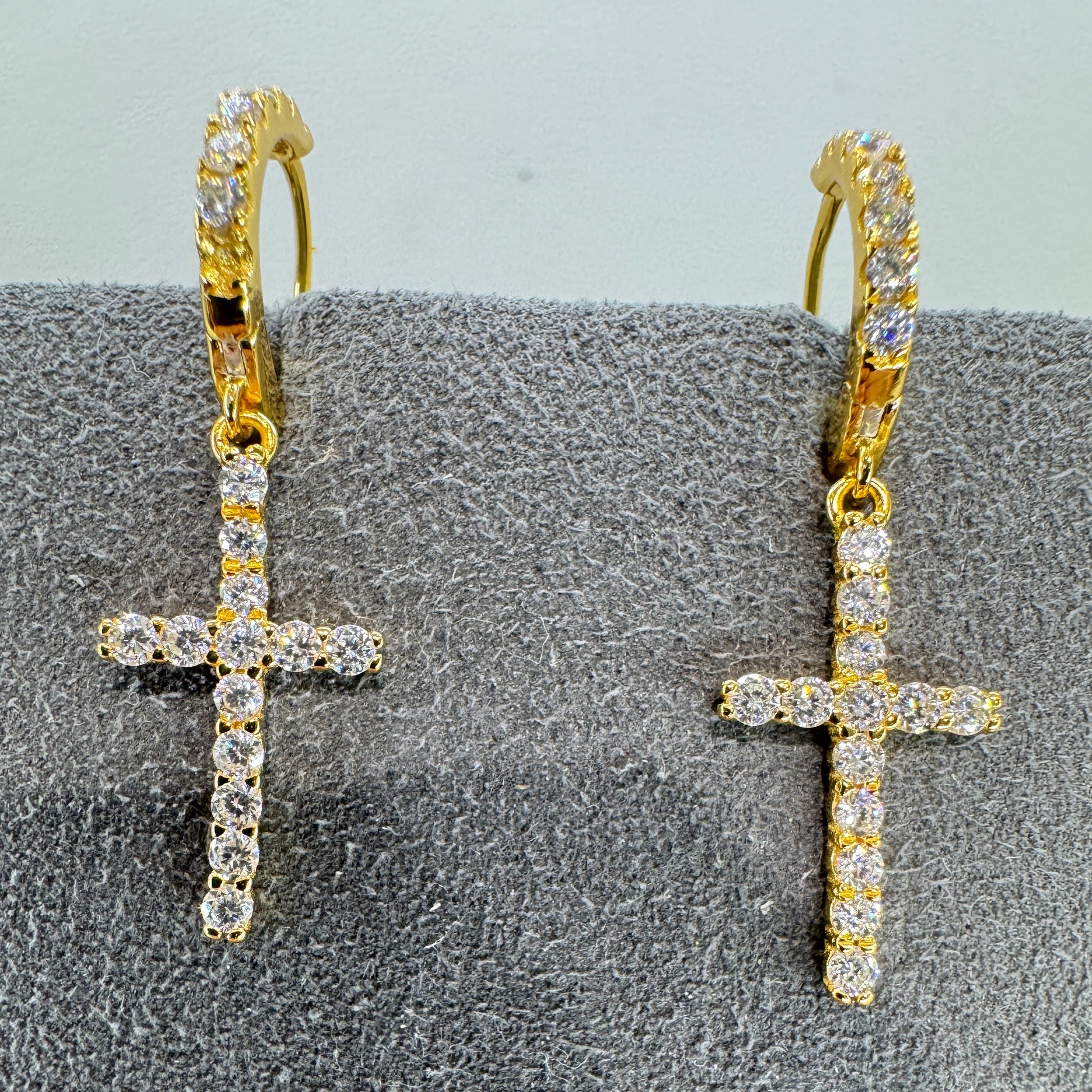Hoop cross earrings with moissanite sterling silver gold overlay faith-inspired spiritual jewelry
