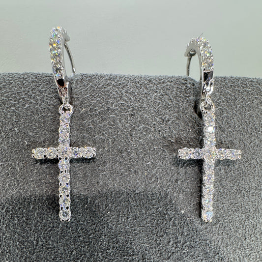 Hoop cross earrings with moissanite sterling silver rhodium plated faith-inspired spiritual jewelry
