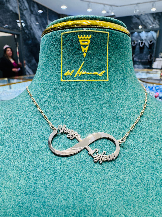 Colgante doble con nombre personalizado y símbolo infinito - Oro, platino y plata a medida