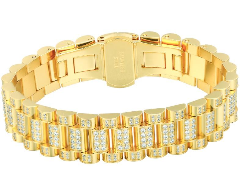 Moissanite Presidential Link Bracelet 15mm 8.5 Inch - Gold Plated 925 Sterling Silver (MJB0009)