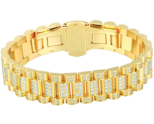 Moissanite Presidential Link Bracelet 15mm 8.5 Inch - Gold Plated 925 Sterling Silver (MJB0009)
