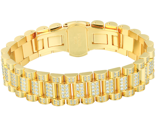 Moissanite Presidential Link Bracelet 15mm 8.5 Inch - Gold Plated 925 Sterling Silver (MJB0009)