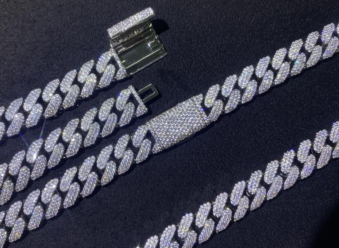 Iced Out Moissanite Cuban Link Chain & Bracelet - 925 Sterling Silver (MJCN0590)