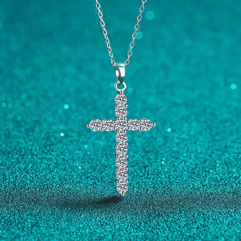 Moissanite Cross Pendant Necklace - 925 Sterling Silver (MJE1095)