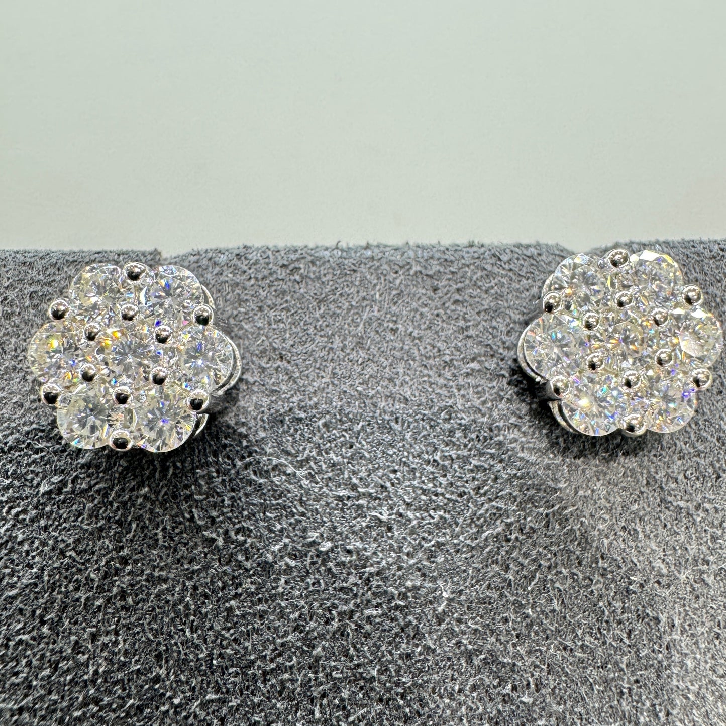 Moissanite earrings with accent stones sterling silver rhodium plated brilliant sparkle halo effect
