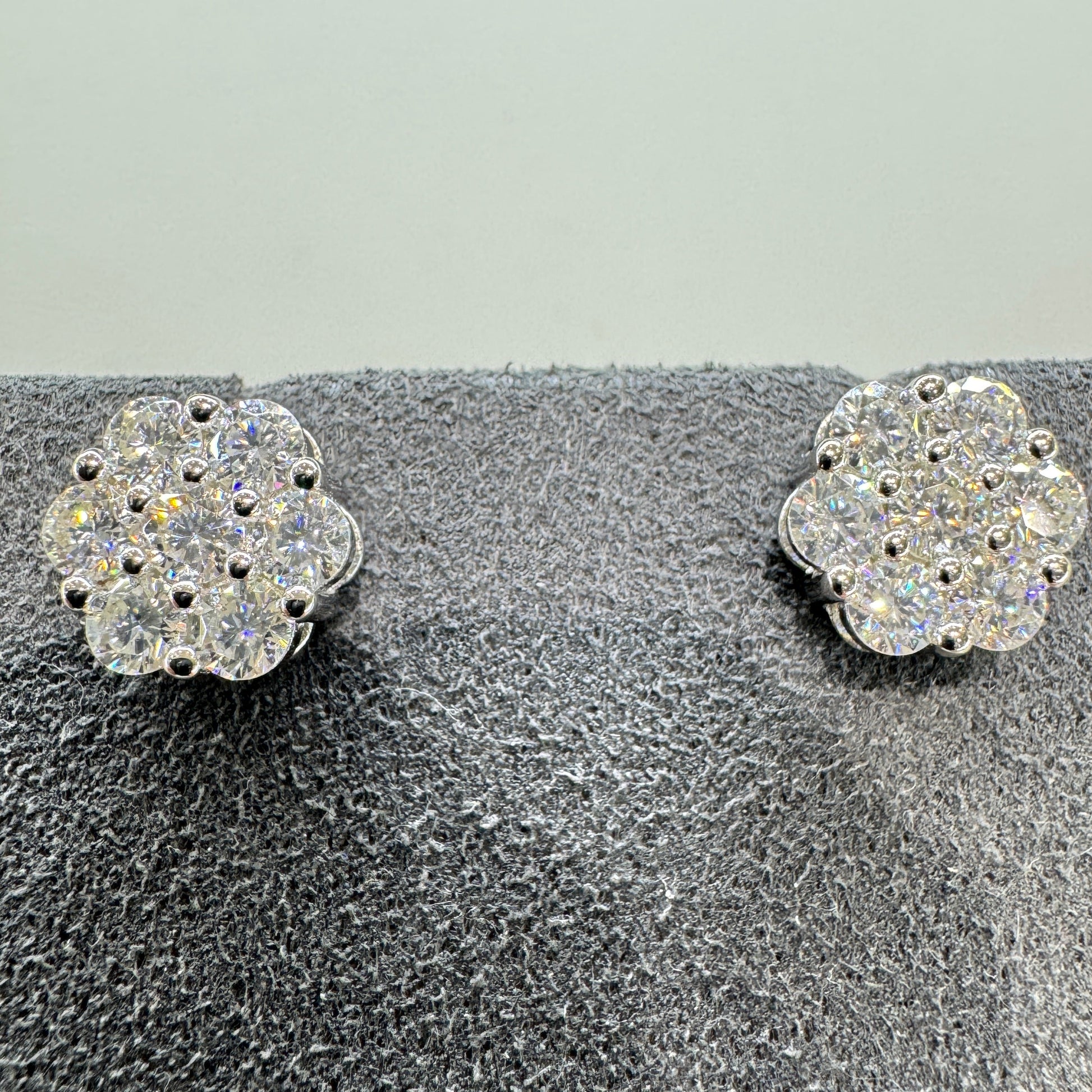 Moissanite earrings with accent stones sterling silver rhodium plated brilliant sparkle halo effect
