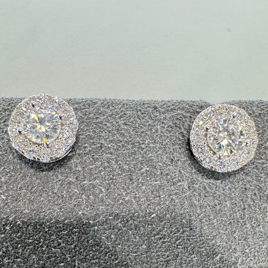Moissanite stud earrings with accent stones sterling silver rhodium plated brilliant sparkle halo effect
