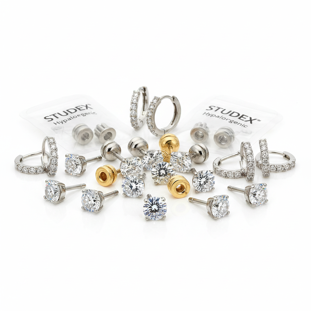 Professional ear piercing service with hypoallergenic stainless steel studs safe sterile Studex system
