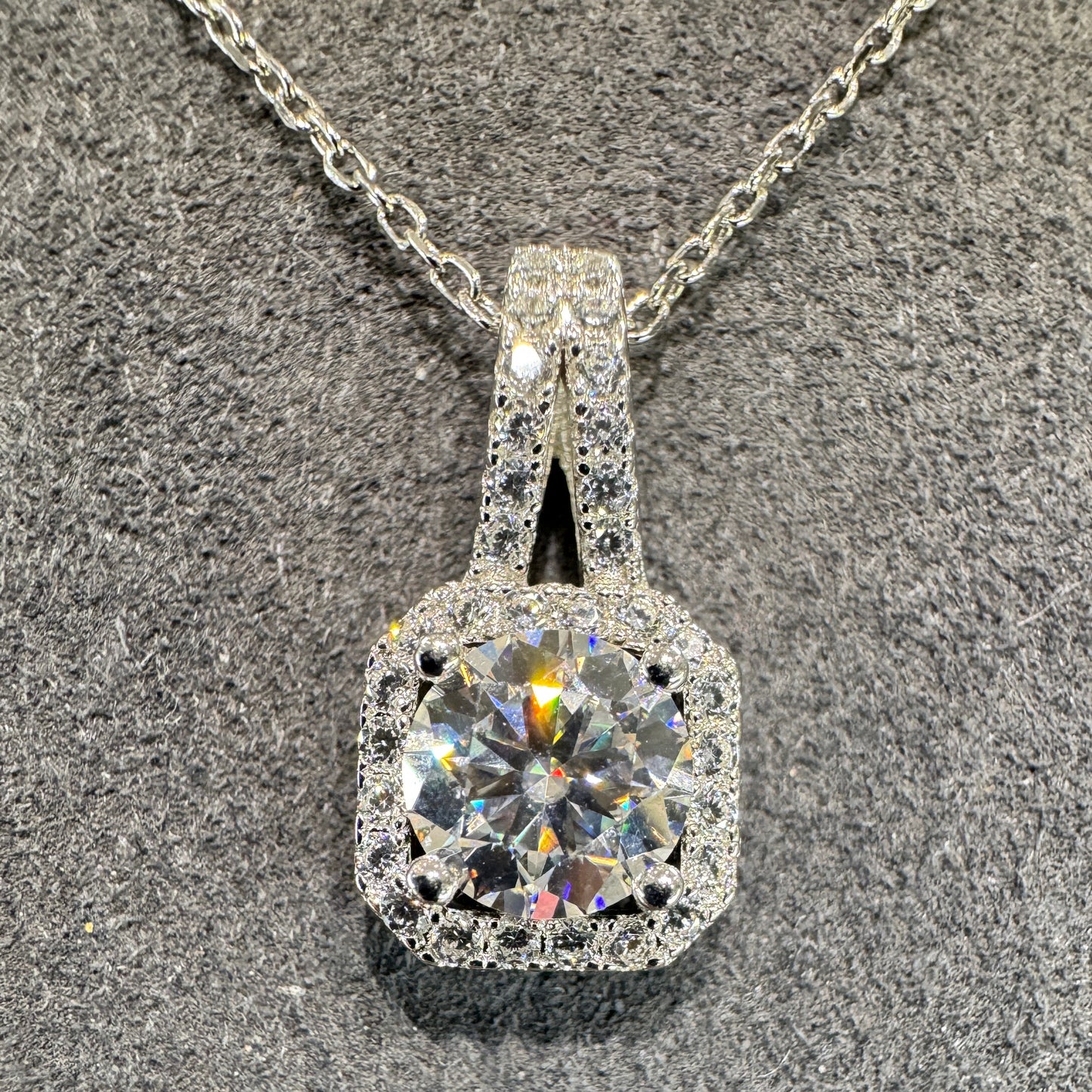 Sterling silver necklace with square pendant and 1ct moissanite modern geometric design
