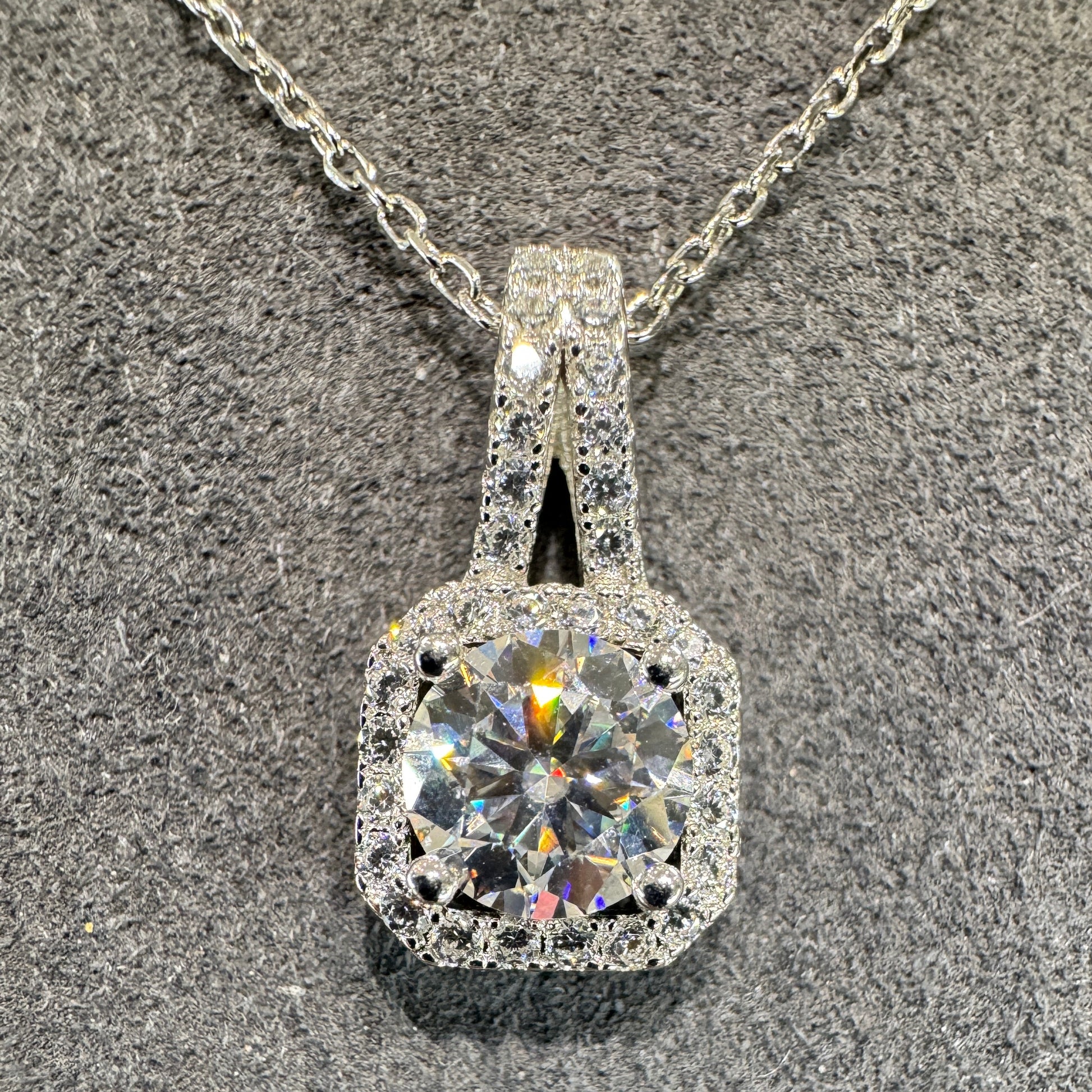 Sterling silver necklace with square pendant and 1ct moissanite modern geometric design
