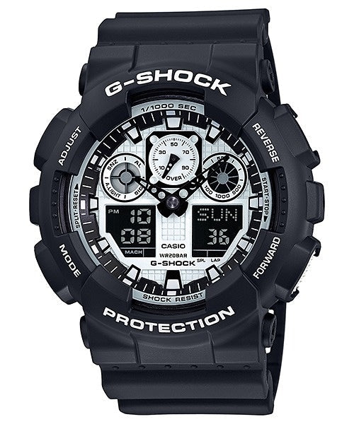Casio G-Shock GA100BW-1A analog-digital watch with 200M water resistance and shock resistance