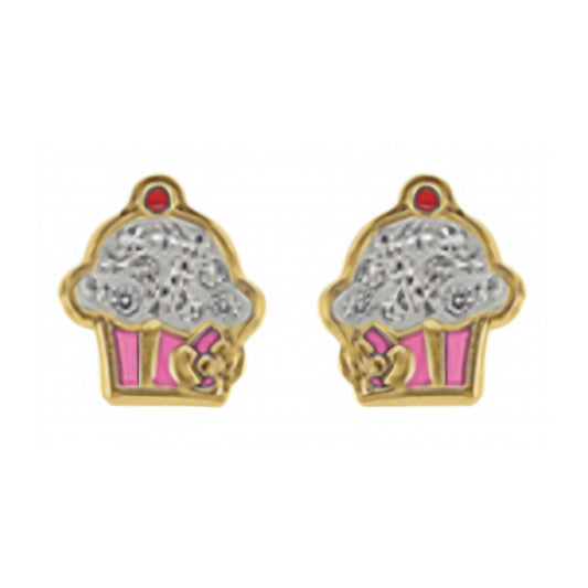10K Gold Enamel Cupcake Stud Earrings
