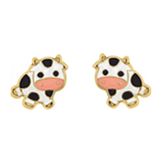 10K Gold Enamel Cow Stud Earrings