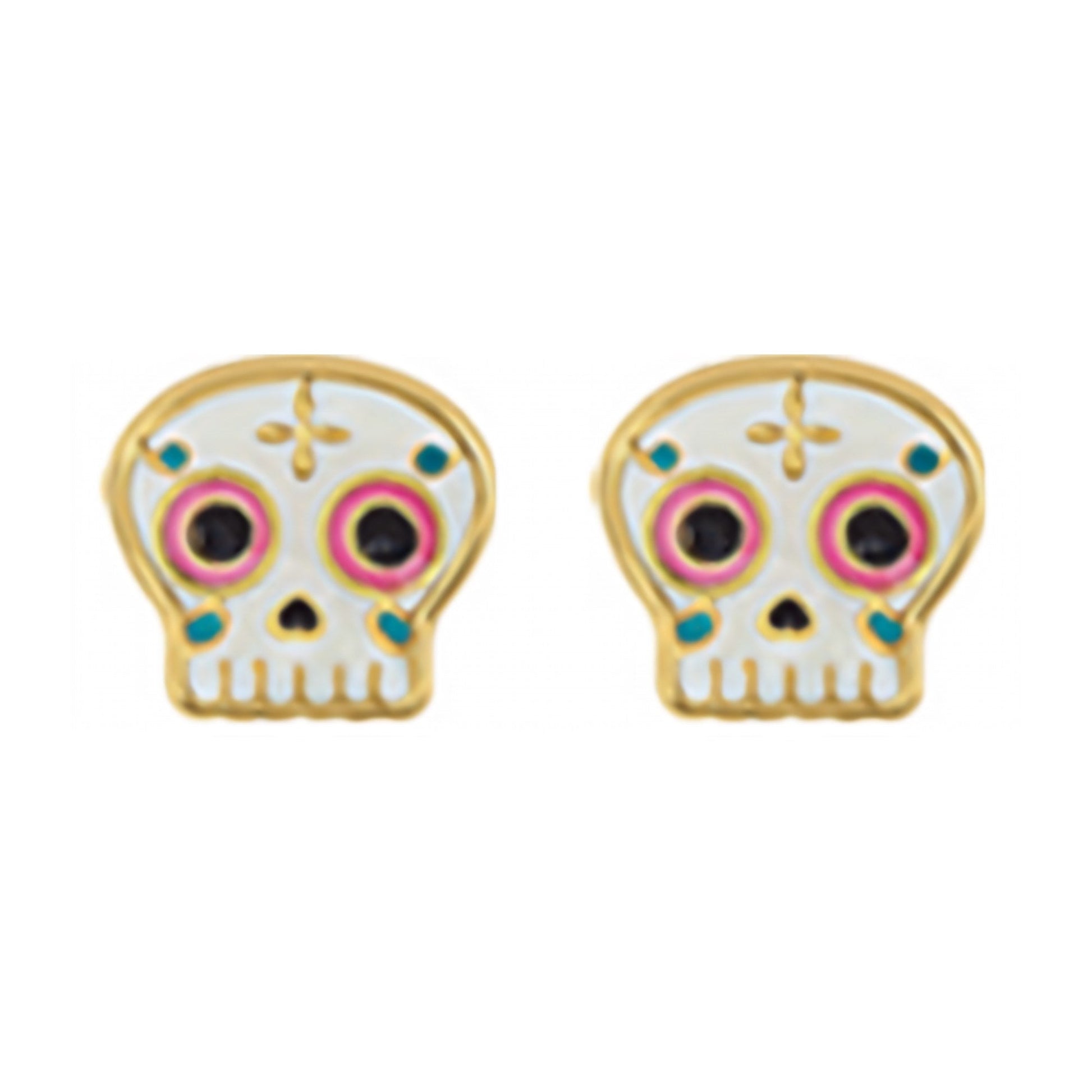 10K Gold Enamel Catrina Skull Stud Earrings