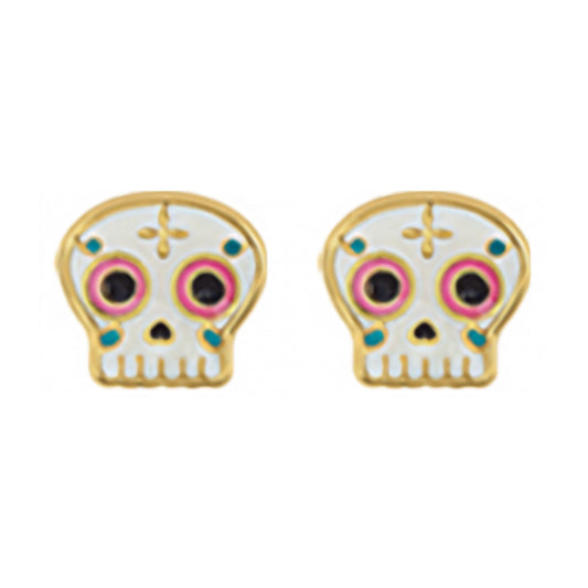 10K Gold Enamel Catrina Skull Stud Earrings