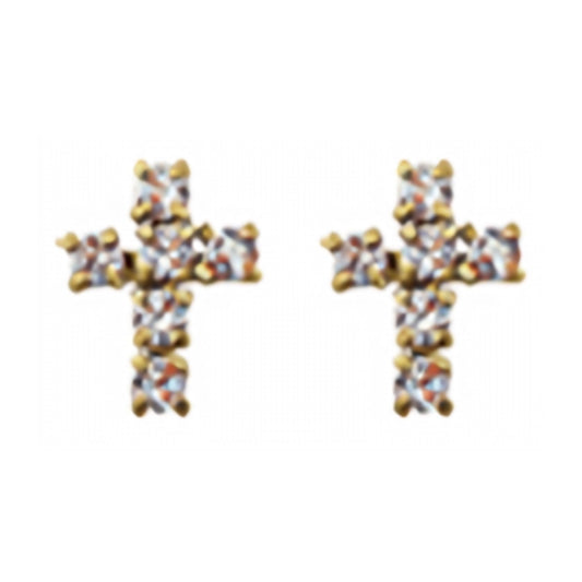 10K Gold Mini Crystal Cross Stud Earrings