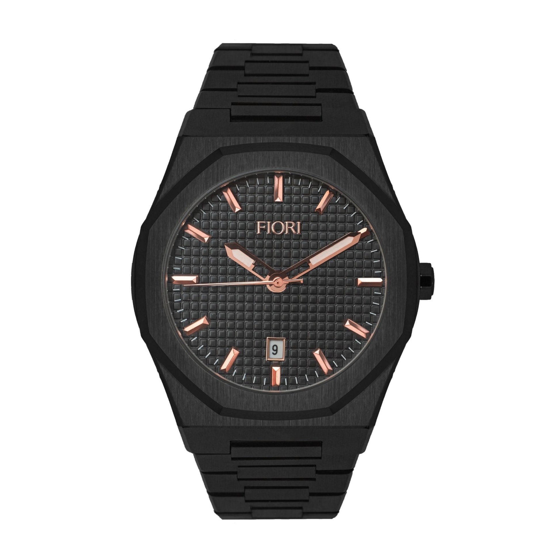Fiori 3888 men's black IP stainless steel watch sapphire crystal 42mm rose gold indices
