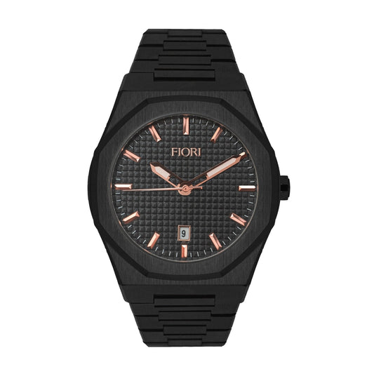 Fiori 3888 men's black IP stainless steel watch sapphire crystal 42mm rose gold indices
