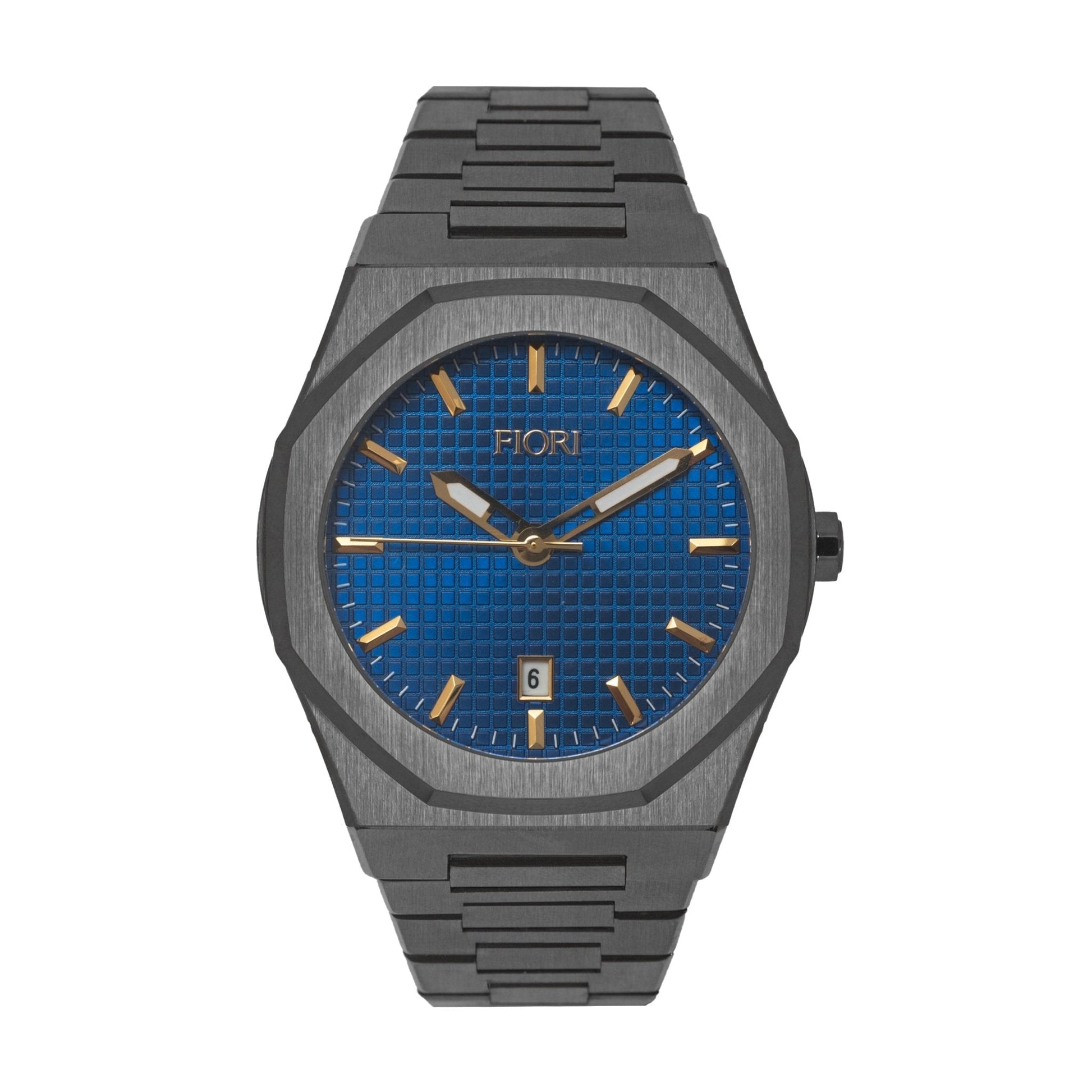 Fiori 3889 men's gunmetal IP stainless steel watch sapphire crystal 42mm blue dial gold indices
